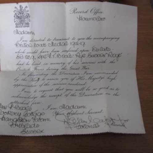 Frank Beale medal letter
